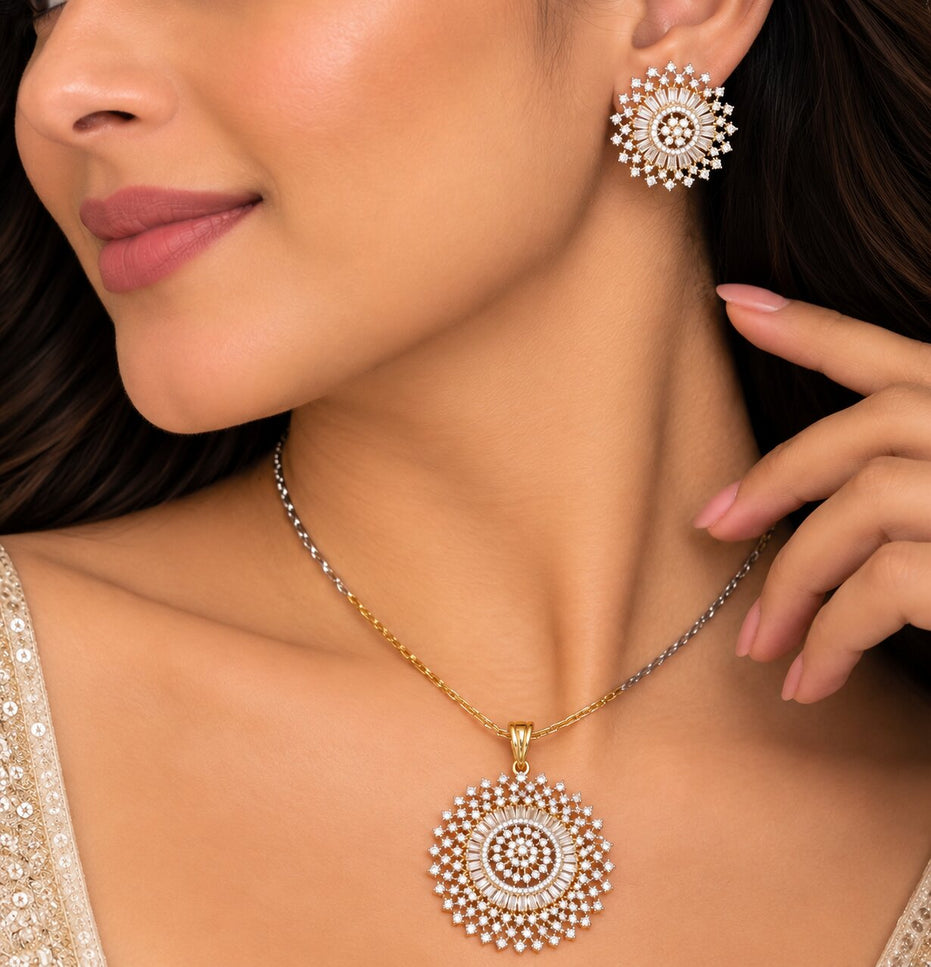 Gold Plated Floral Sun Pattern American Diamond Pendant Set