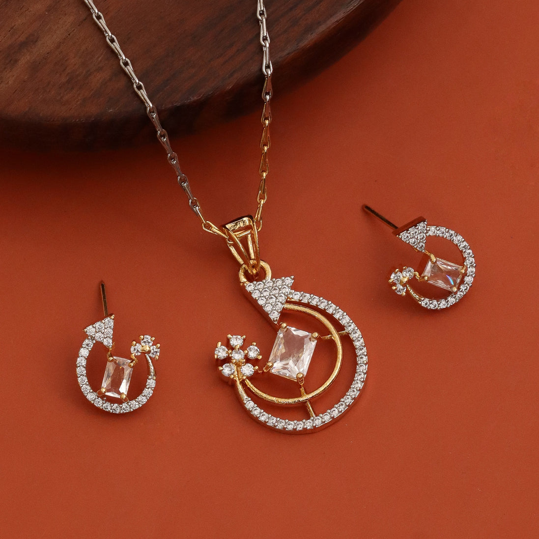 Gold & Silver Plated Round Geometric Pattern American Diamond Pendant Set