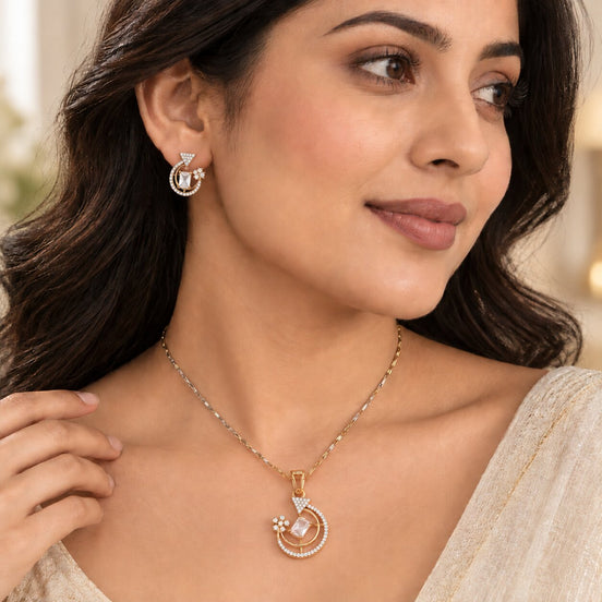 Gold & Silver Plated Round Geometric Pattern American Diamond Pendant Set