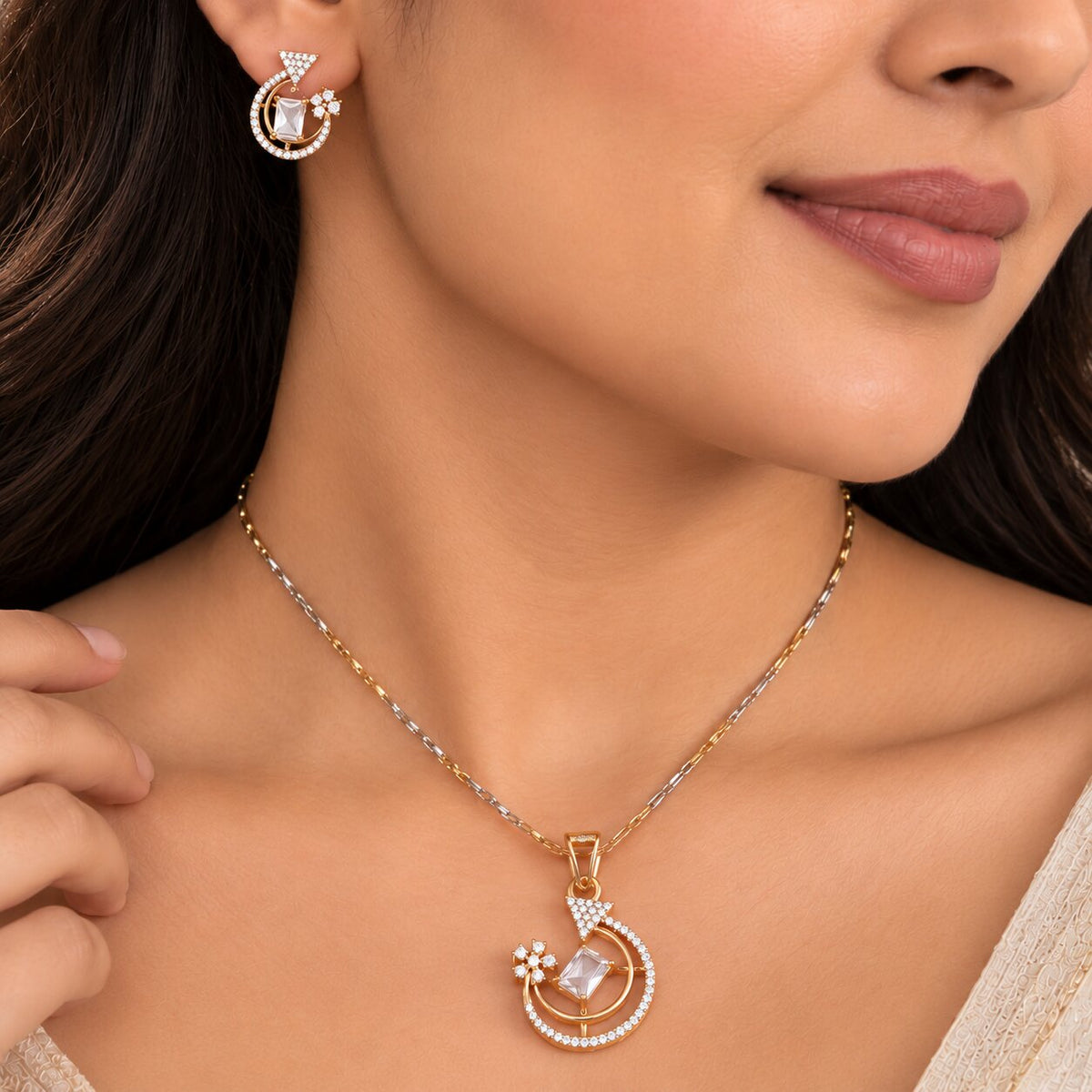 Gold & Silver Plated Round Geometric Pattern American Diamond Pendant Set