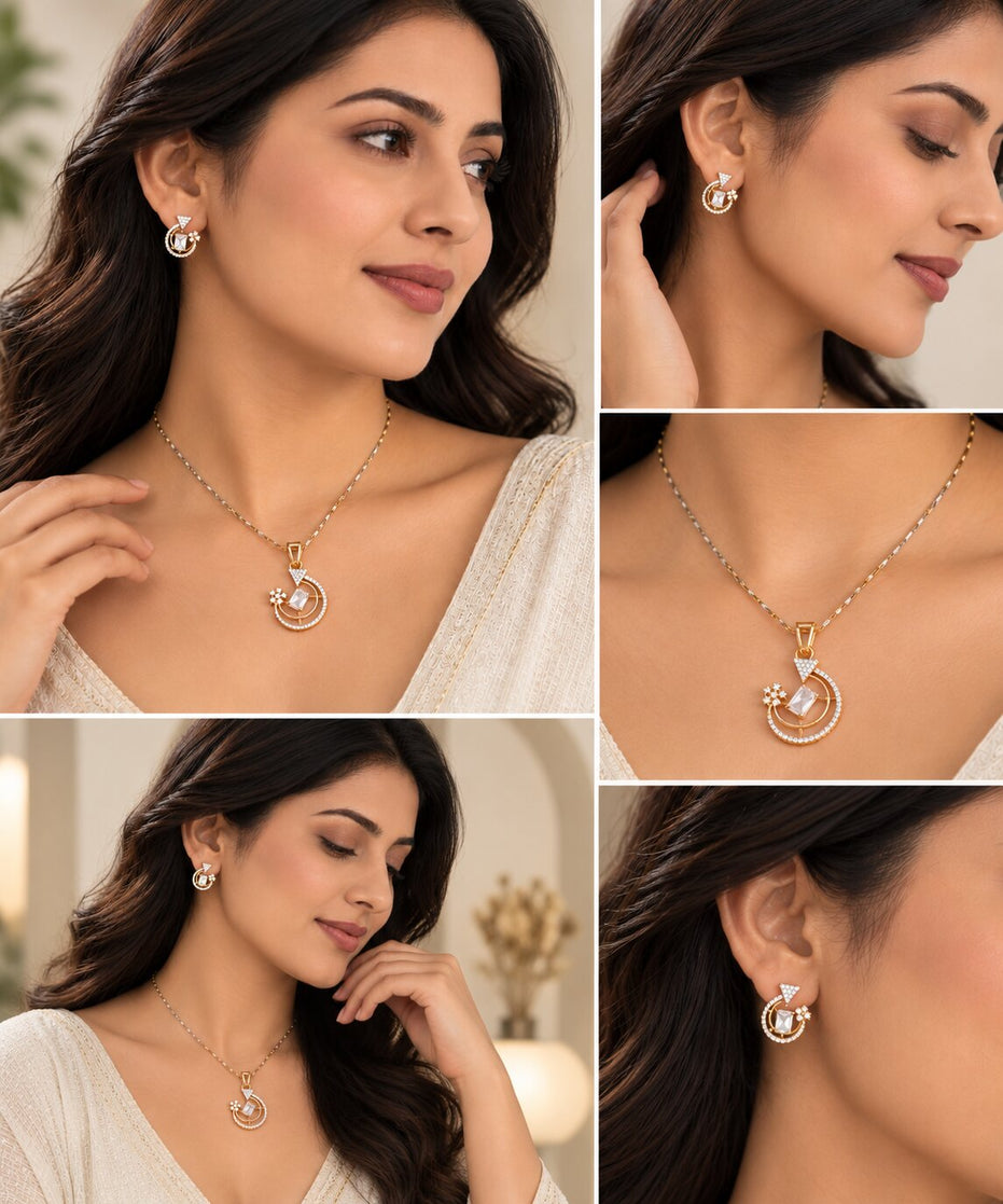 Gold & Silver Plated Round Geometric Pattern American Diamond Pendant Set