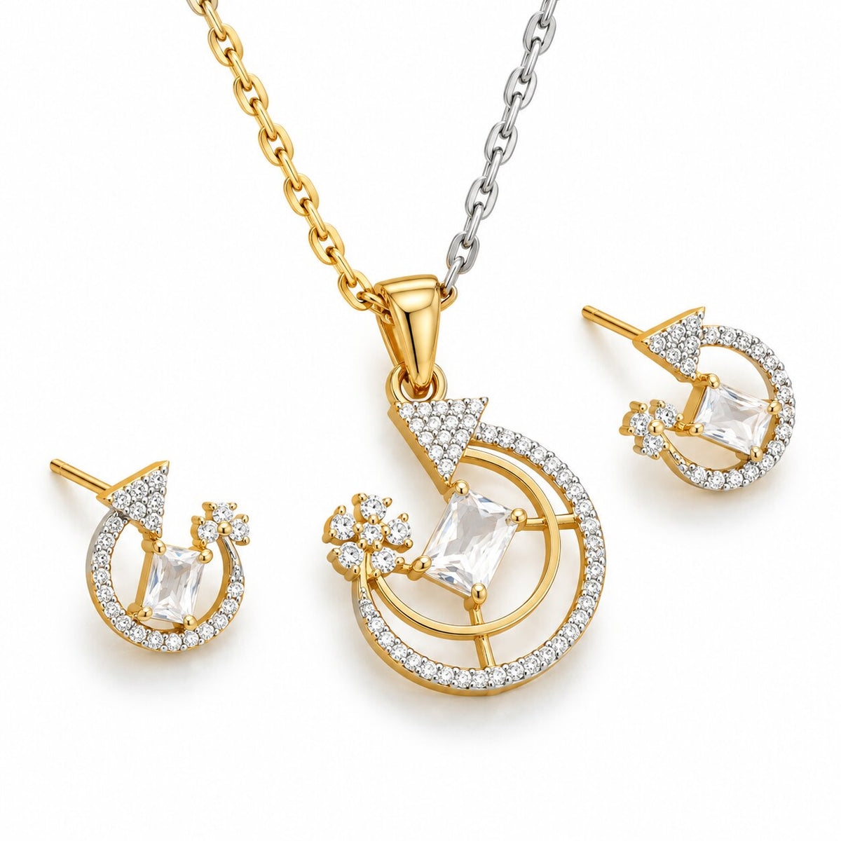 Gold & Silver Plated Round Geometric Pattern American Diamond Pendant Set