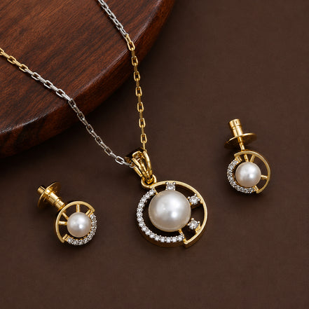 Gold & Silver Plated Pearl Circular Pattern CZ Pendant Set