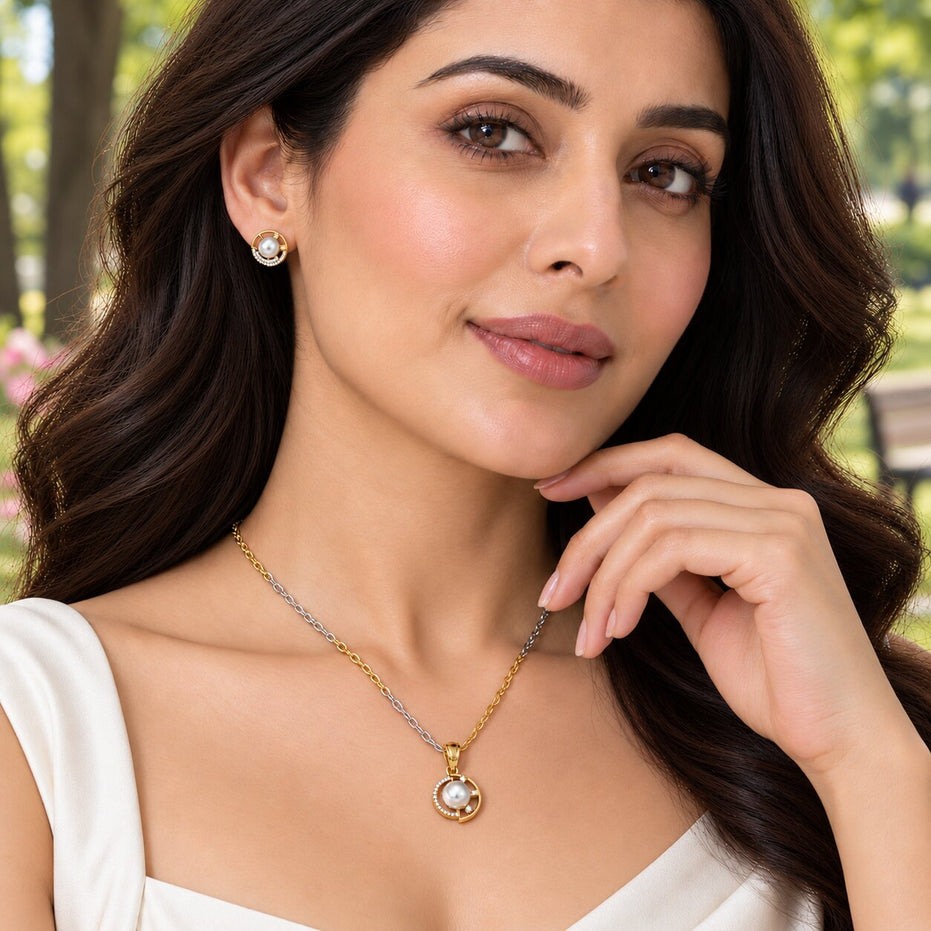 Gold & Silver Plated Pearl Circular Pattern CZ Pendant Set