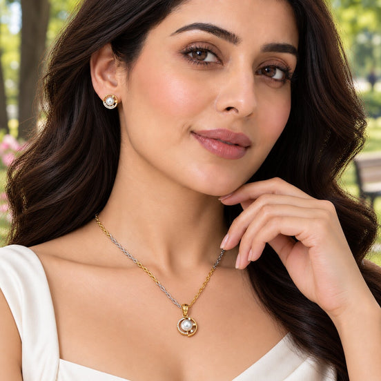 Gold & Silver Plated Pearl Circular Pattern CZ Pendant Set