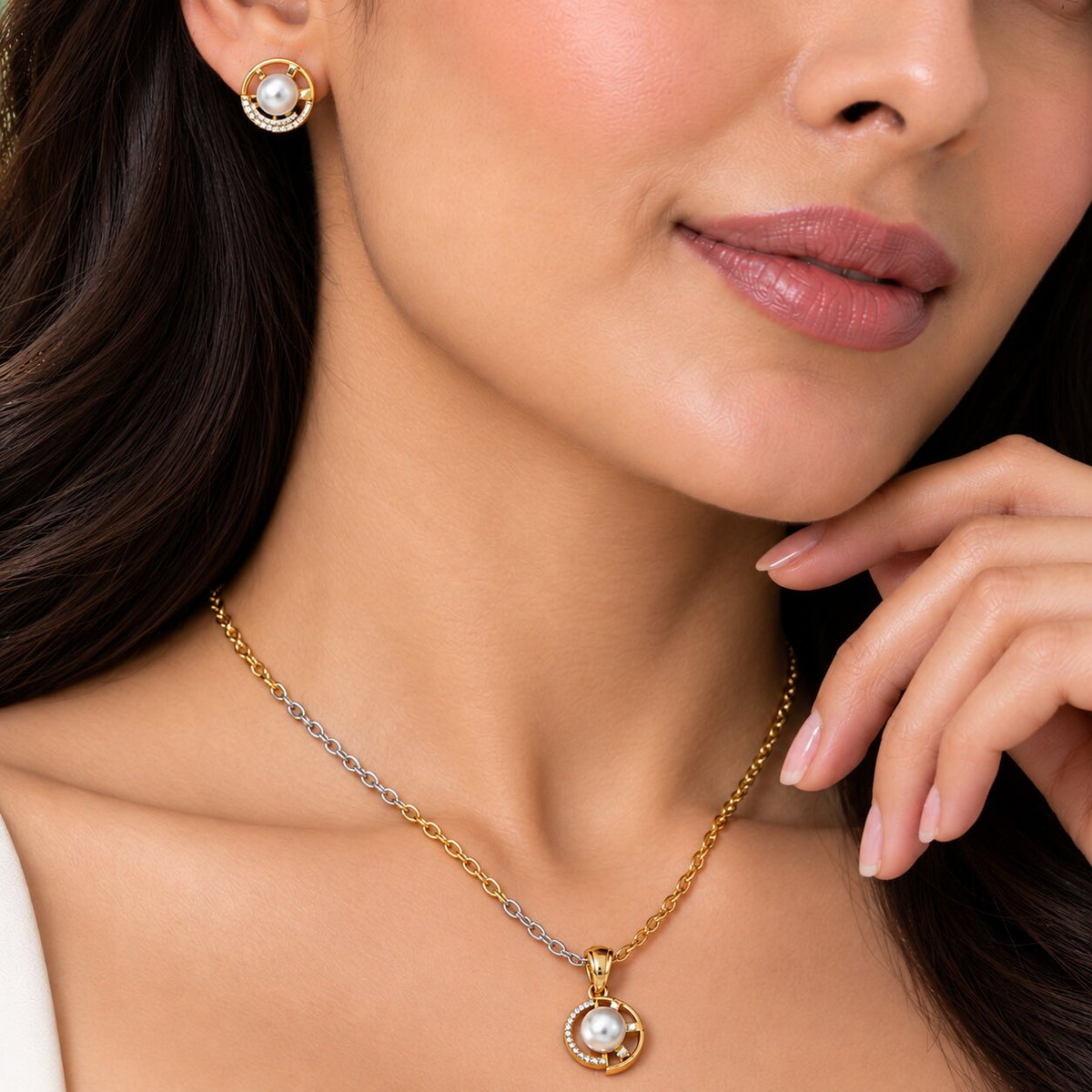 Gold & Silver Plated Pearl Circular Pattern CZ Pendant Set