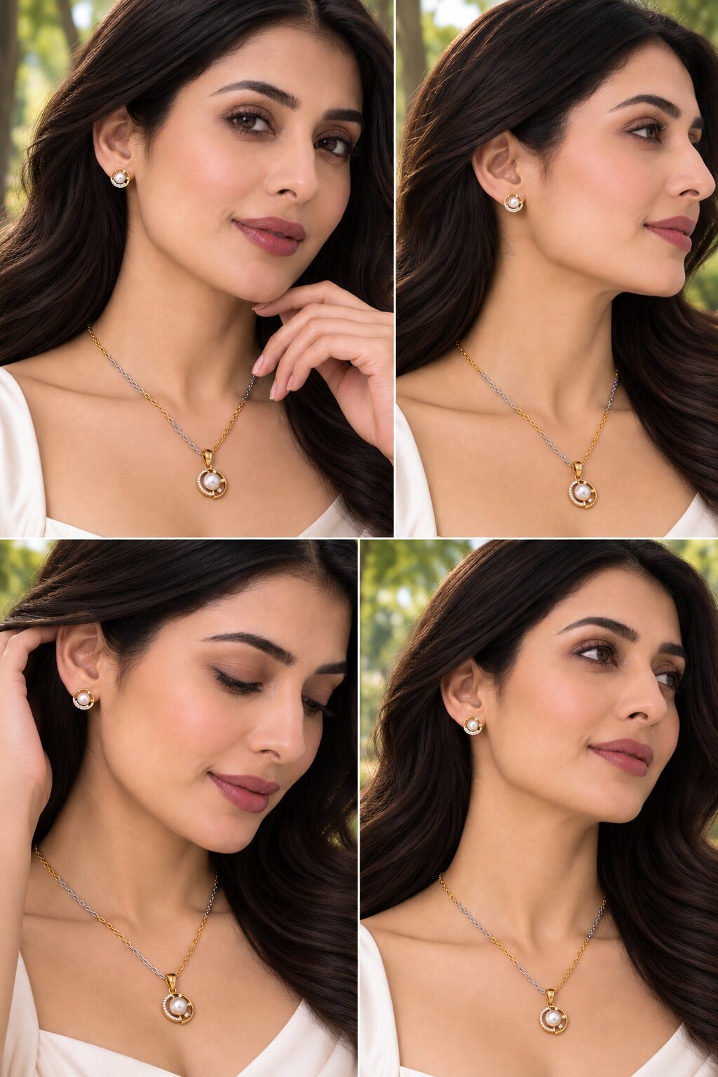 Gold & Silver Plated Pearl Circular Pattern CZ Pendant Set