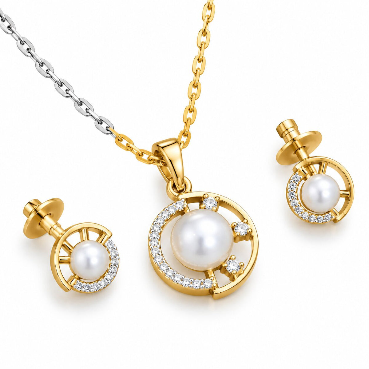 Gold & Silver Plated Pearl Circular Pattern CZ Pendant Set