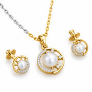 Gold & Silver Plated Pearl Circular Pattern CZ Pendant Set