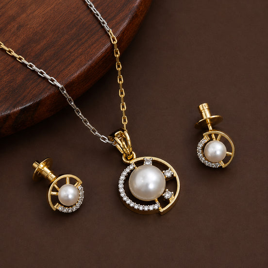 Gold & Silver Plated Pearl Circular Pattern CZ Pendant Set