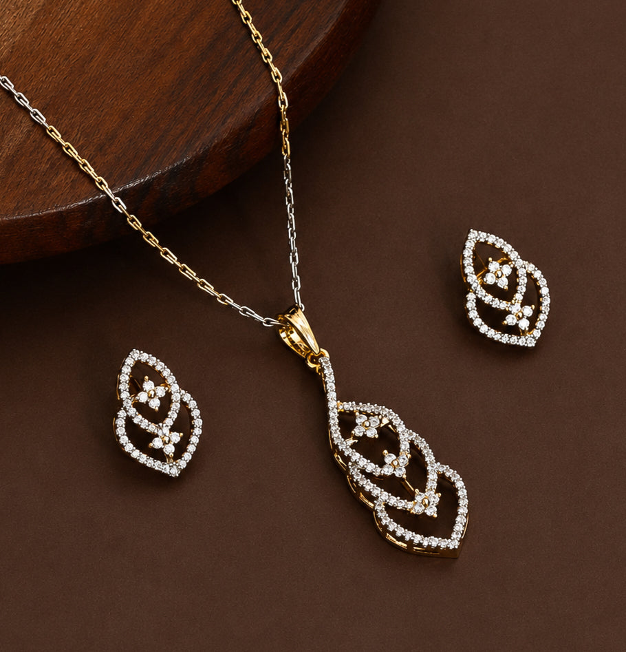 Gold & Silver Plated Interlocking Leaf Pattern CZ Pendant Set