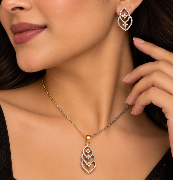 Gold & Silver Plated Interlocking Leaf Pattern CZ Pendant Set