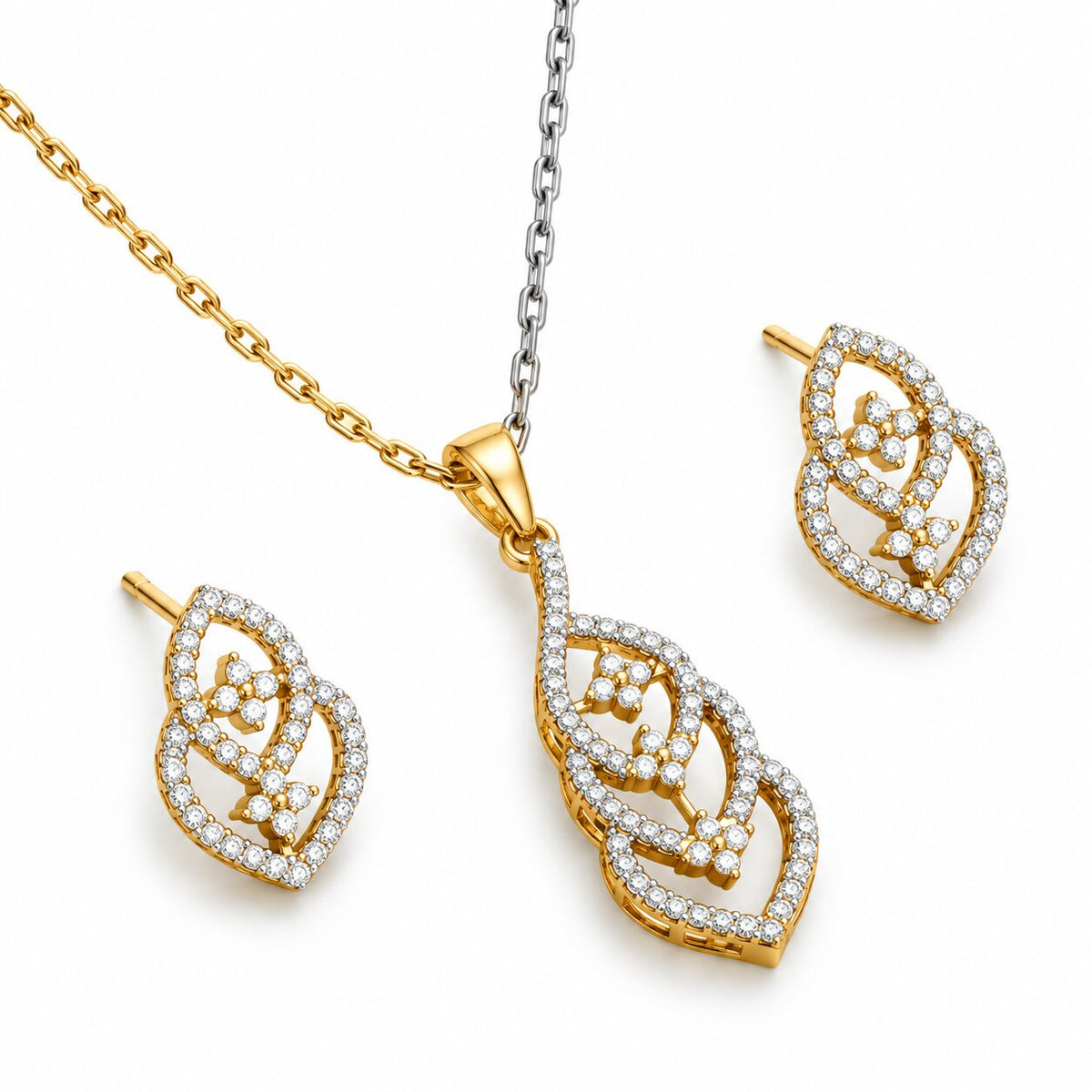 Gold & Silver Plated Interlocking Leaf Pattern CZ Pendant Set