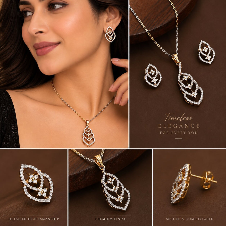 Gold & Silver Plated Interlocking Leaf Pattern CZ Pendant Set