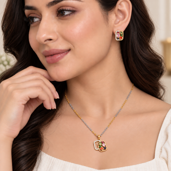 Gold & Silver Plated Geometric Pattern Multicolor Necklace Set