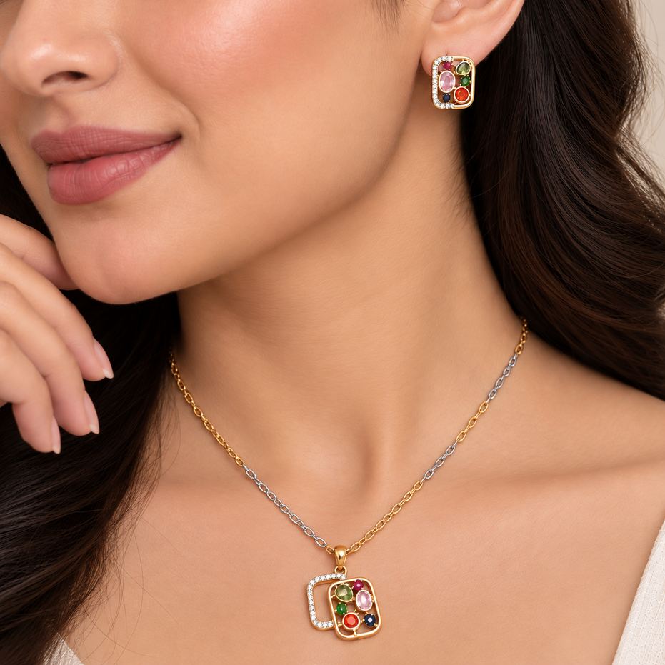 Gold & Silver Plated Geometric Pattern Multicolor Necklace Set