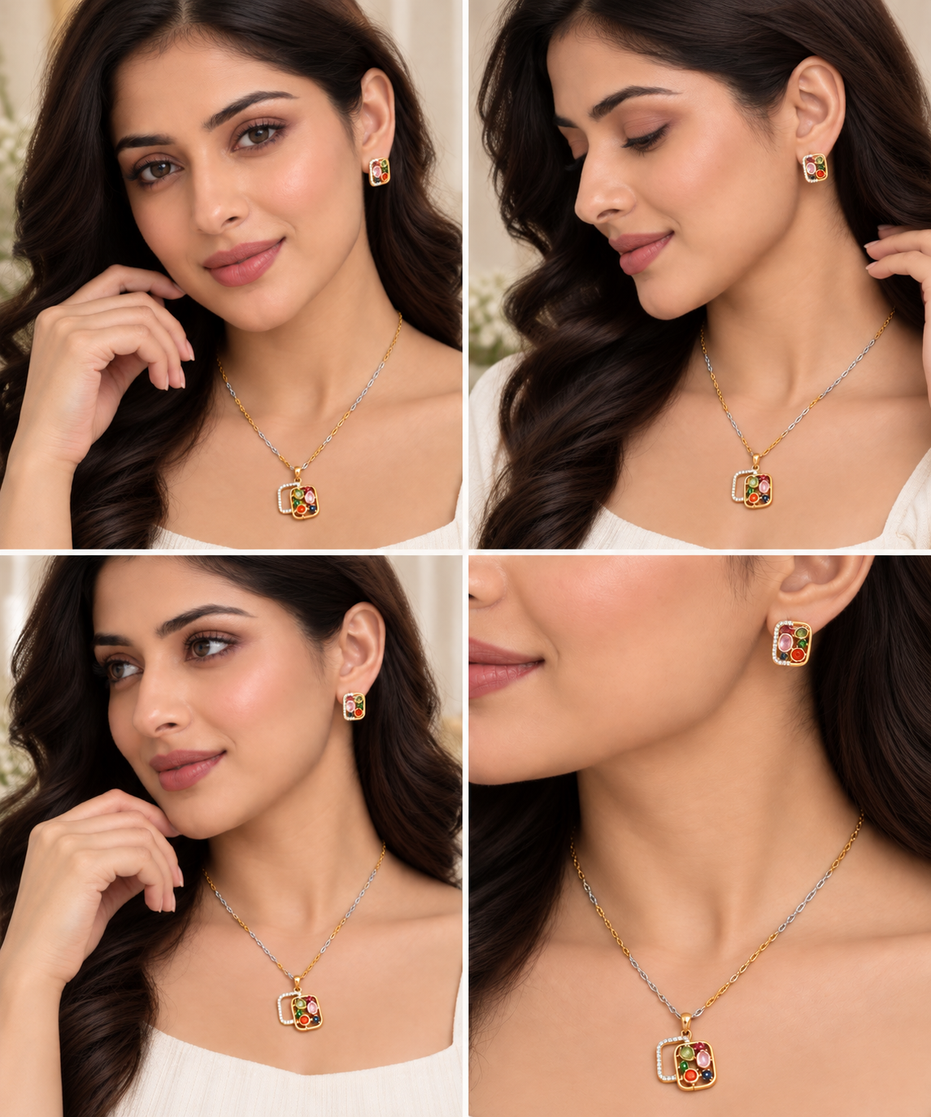Gold & Silver Plated Geometric Pattern Multicolor Necklace Set