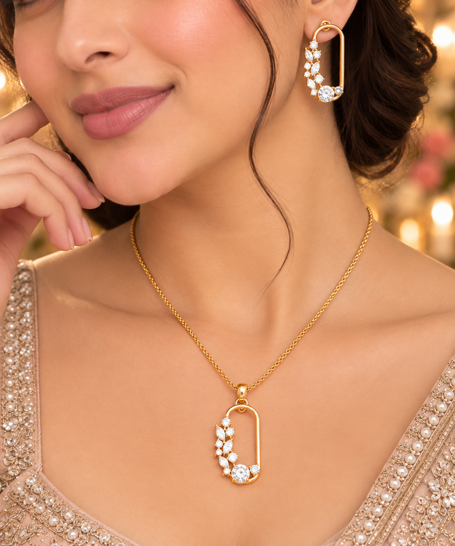 Gold Plated Gemstone Safety-Pin Pattern Jewelry Set