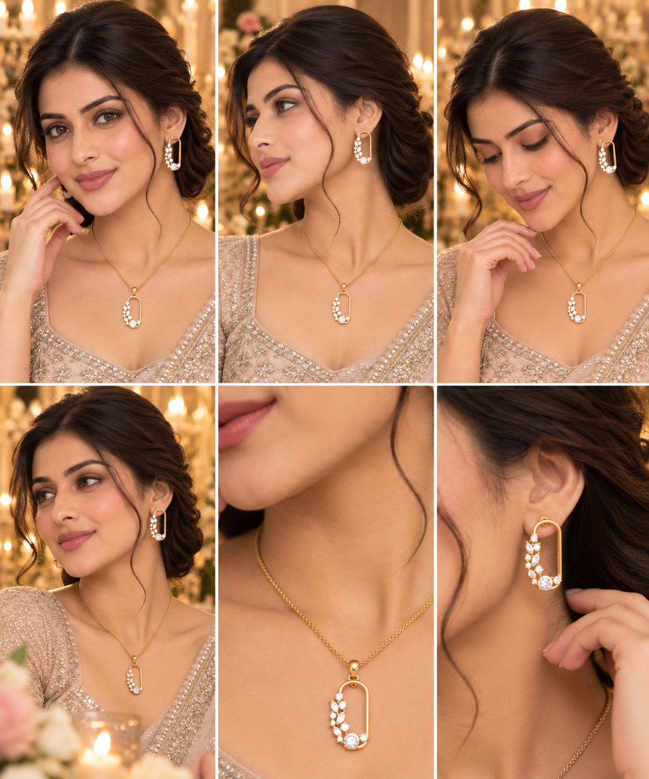 Gold Plated Gemstone Safety-Pin Pattern Jewelry Set