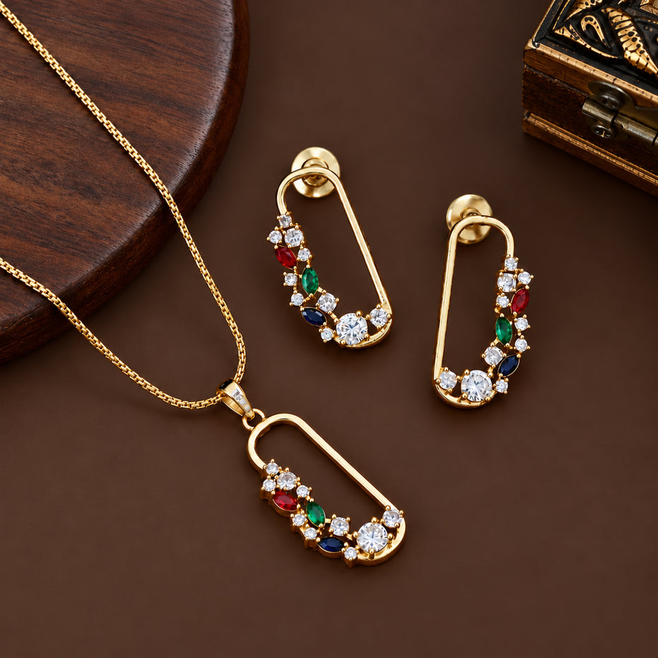 Gold Plated Gemstone Safety-Pin Pattern Jewelry Set