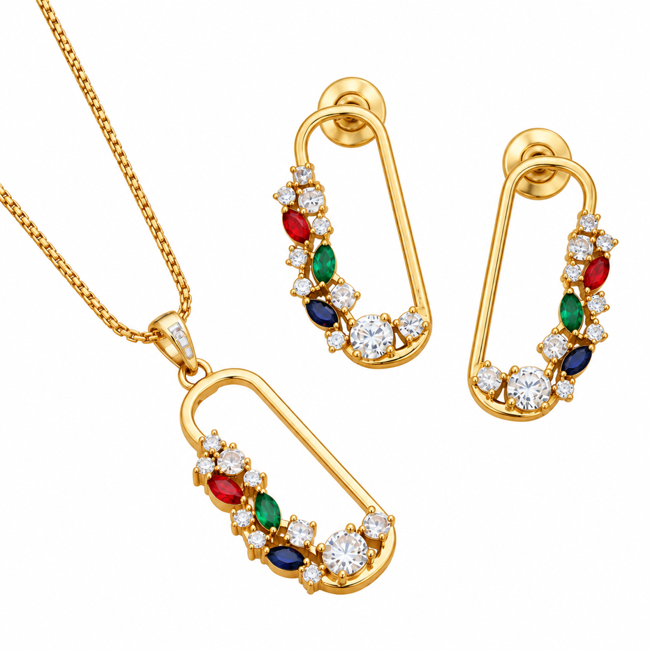 Gold Plated Gemstone Safety-Pin Pattern Jewelry Set