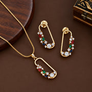 Gold Plated Gemstone Safety-Pin Pattern Jewelry Set