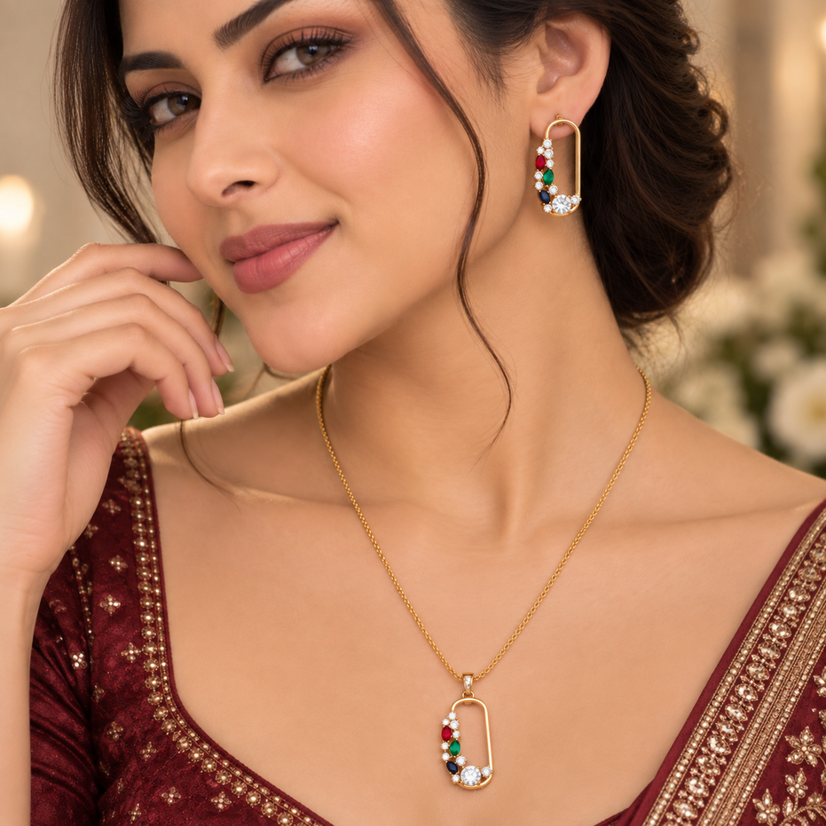 Gold Plated Gemstone Safety-Pin Pattern Jewelry Set