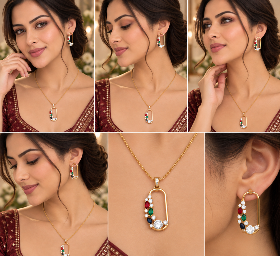 Gold Plated Gemstone Safety-Pin Pattern Jewelry Set