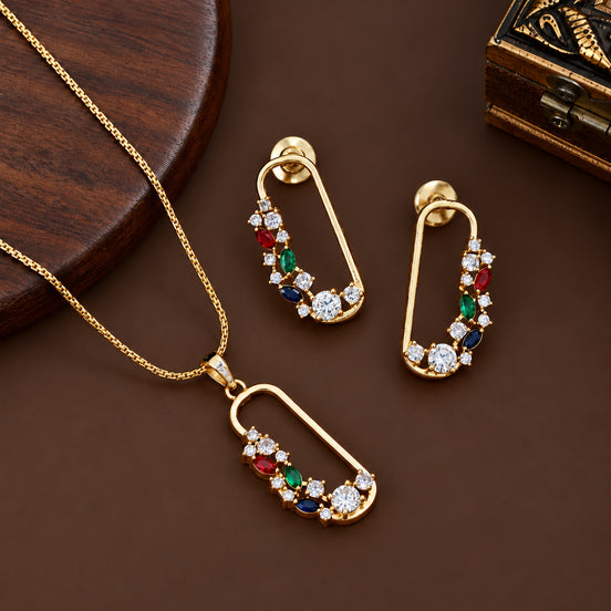 Gold Plated Gemstone Safety-Pin Pattern Jewelry Set