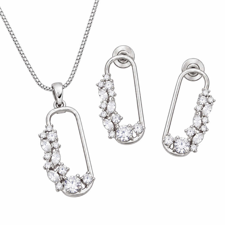Rhodium Plated CZ Stone Safety Pin Pattern Necklace Set