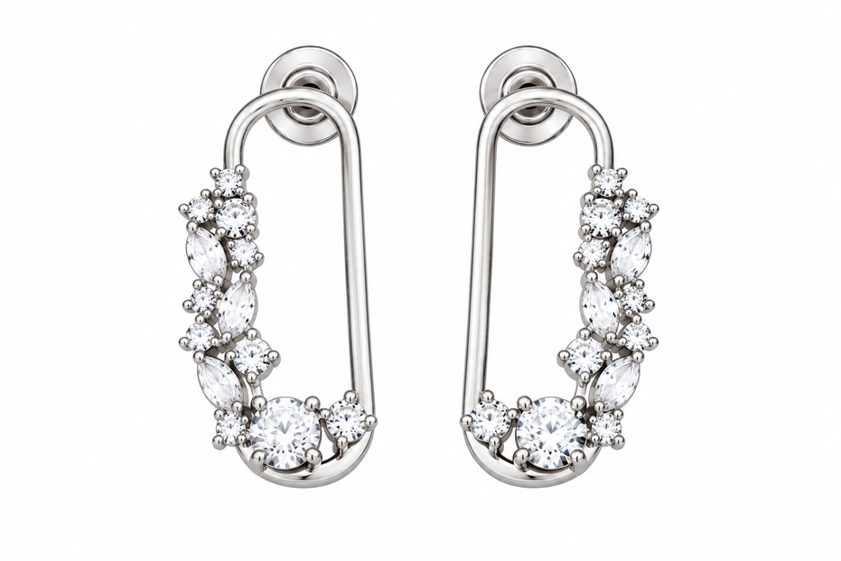 Rhodium Plated CZ Stone Safety Pin Pattern Necklace Set