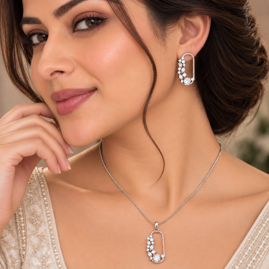 Rhodium Plated CZ Stone Safety Pin Pattern Necklace Set