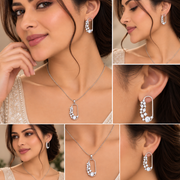 Rhodium Plated CZ Stone Safety Pin Pattern Necklace Set