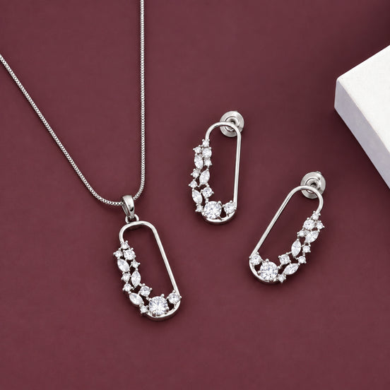 Rhodium Plated CZ Stone Safety Pin Pattern Necklace Set