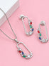 Rhodium Plated CZ Stone Safety Pin Pattern Necklace Set