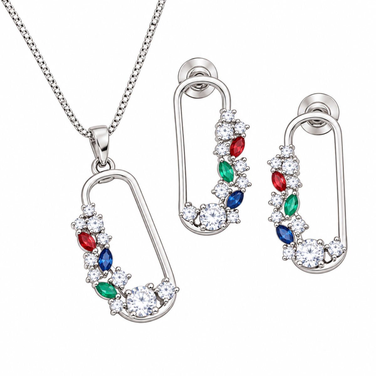 Rhodium Plated CZ Stone Safety Pin Pattern Necklace Set