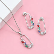 Rhodium Plated CZ Stone Safety Pin Pattern Necklace Set