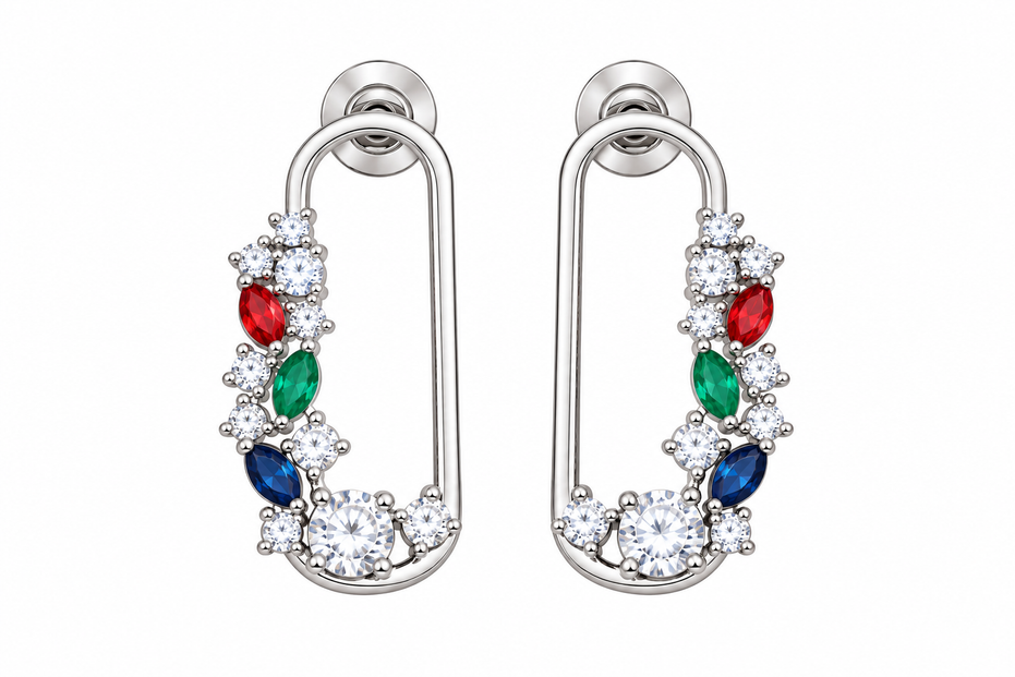 Rhodium Plated CZ Stone Safety Pin Pattern Necklace Set