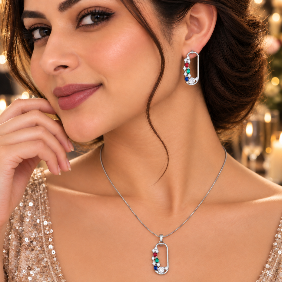 Rhodium Plated CZ Stone Safety Pin Pattern Necklace Set