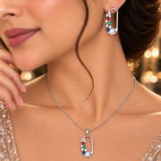 Rhodium Plated CZ Stone Safety Pin Pattern Necklace Set