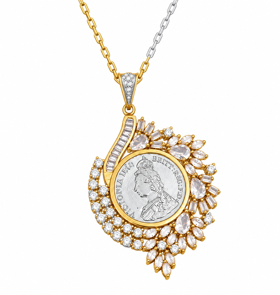 Antique Coin Design Floral CZ Pendant Necklace
