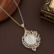 Antique Coin Design Floral CZ Pendant Necklace