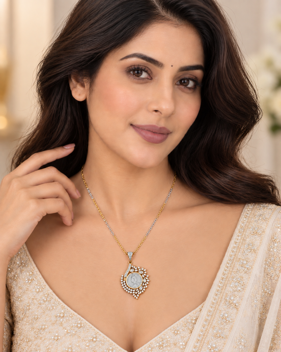 Antique Coin Design Floral CZ Pendant Necklace