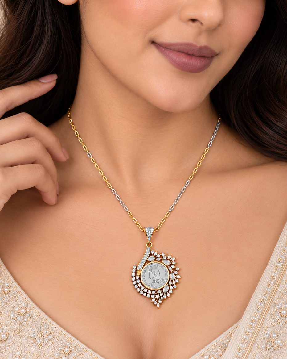 Antique Coin Design Floral CZ Pendant Necklace