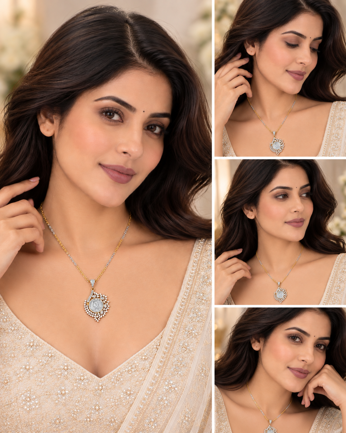 Antique Coin Design Floral CZ Pendant Necklace