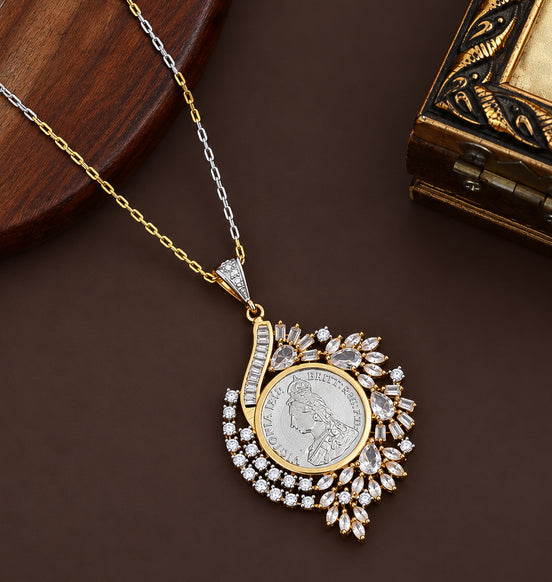 Antique Coin Design Floral CZ Pendant Necklace
