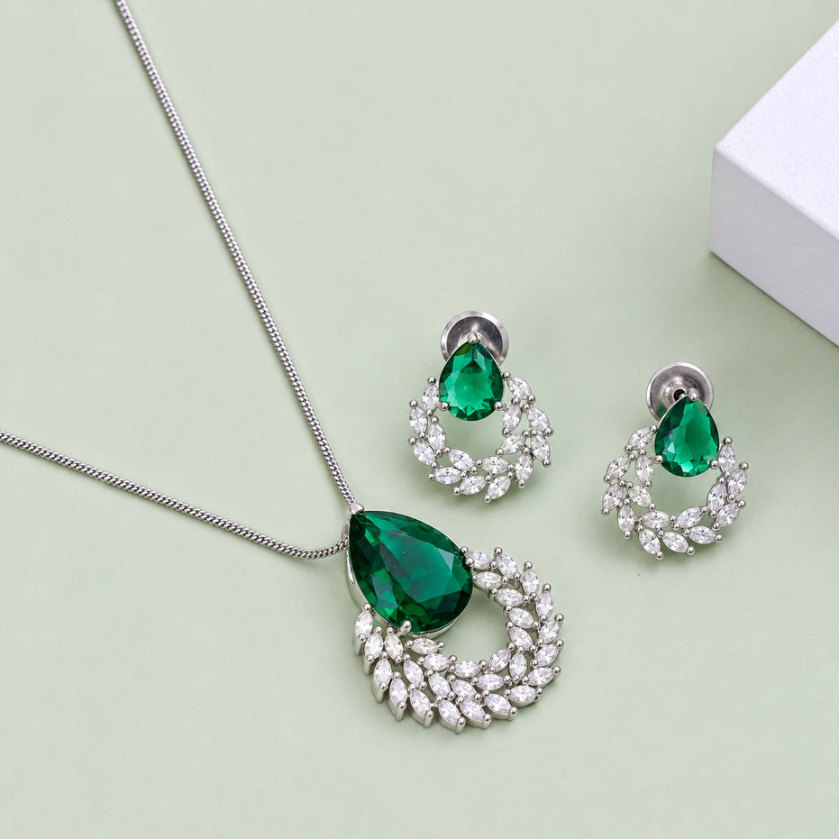 Rhodium Plated Teardrop Floral Leaf Pattern Necklace Set