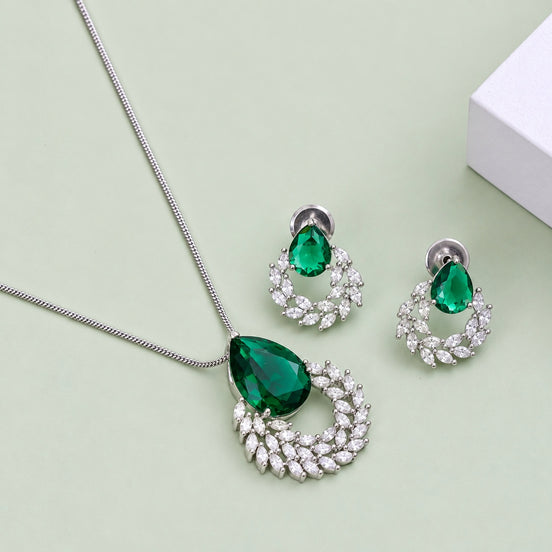 Rhodium Plated Teardrop Floral Leaf Pattern Necklace Set