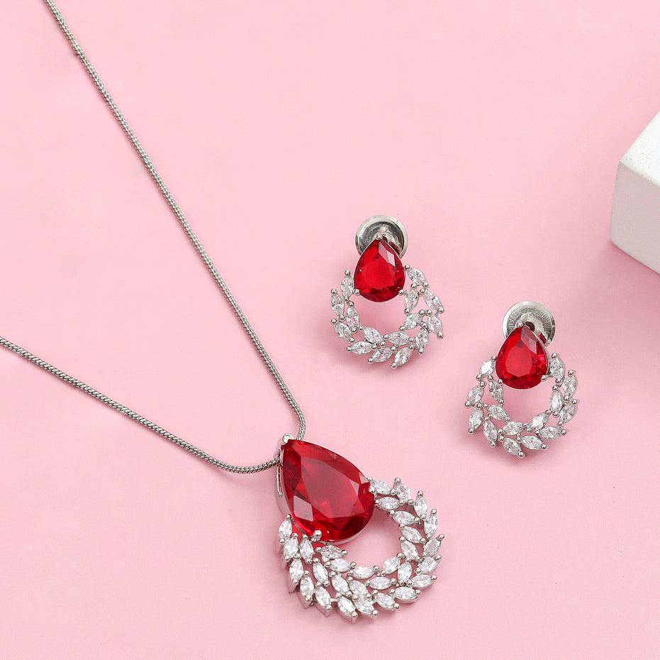 Rhodium Plated Teardrop Floral Leaf Pattern Necklace Set
