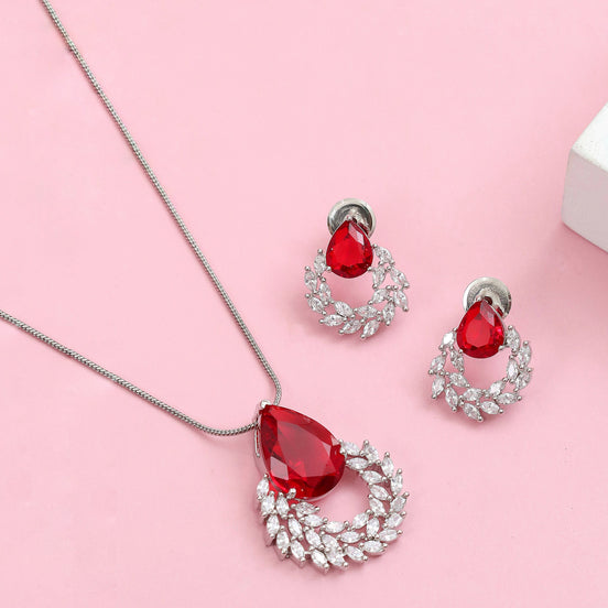 Rhodium Plated Teardrop Floral Leaf Pattern Necklace Set